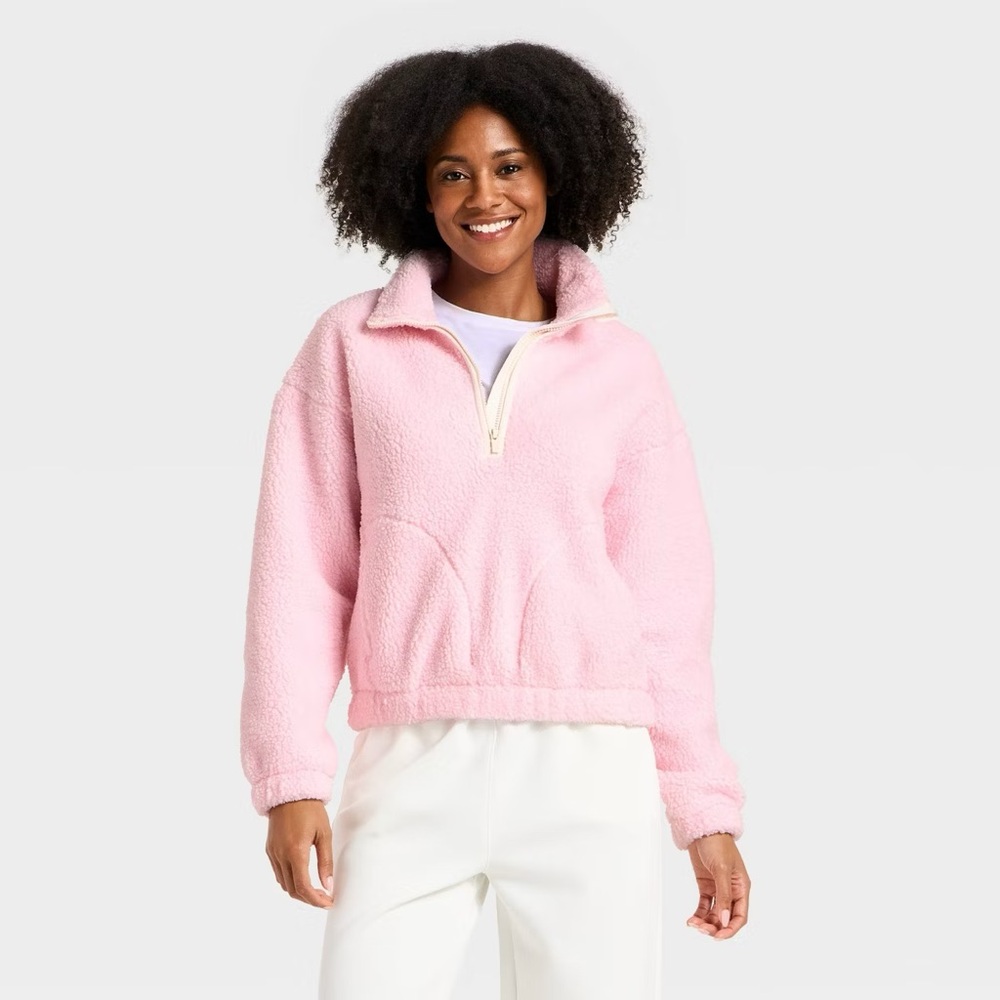 🆕 Women's Light Pink High Pile Fleece Half Zip Pullover Jacket